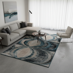 Modern Geometric Pattern Machine-Made Rug in Blue & Beige Tones