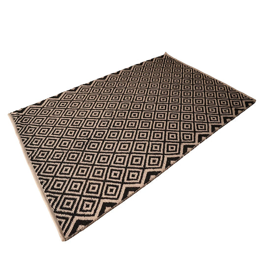 Hand-Woven Cotton Dhurrie – Geometric Black & Beige Flatweave Rug