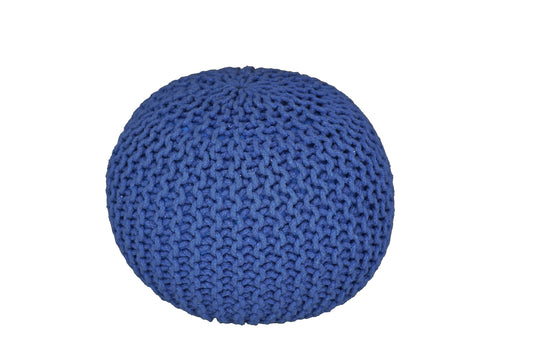 Handmade Knitted Cotton Pouf – Blue Round Ottoman Footstool for Home Décor