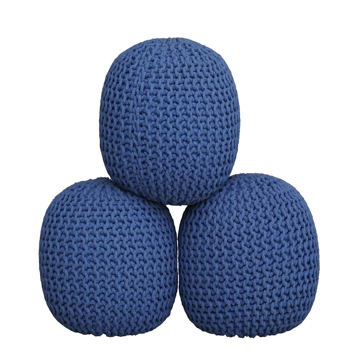 Handmade Knitted Cotton Pouf – Blue Round Ottoman Footstool for Home Décor