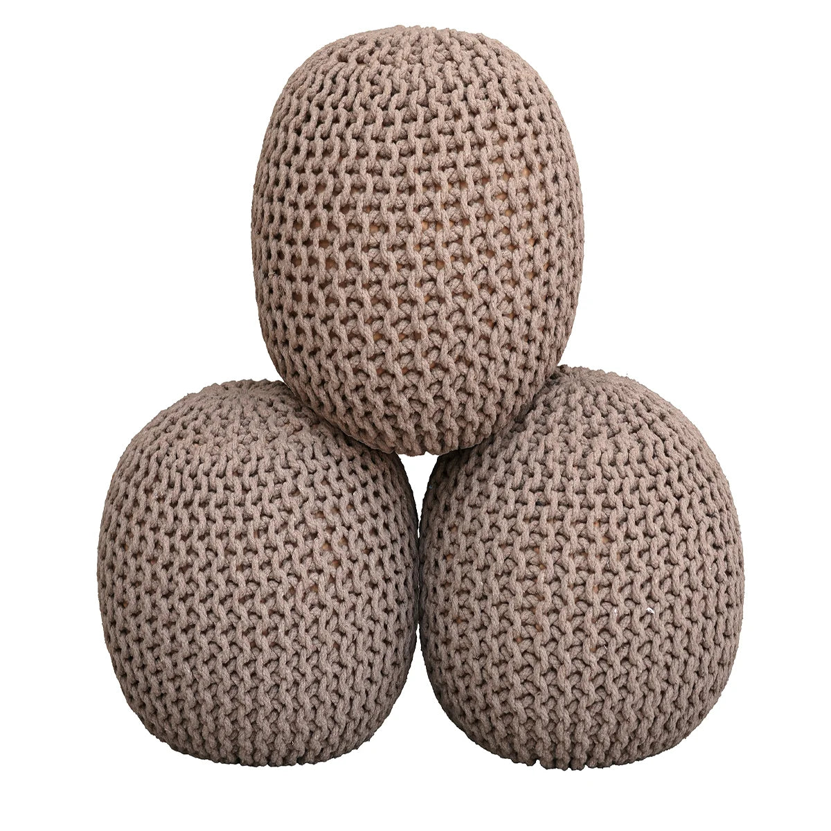 Handmade Knitted Cotton Pouf – Taupe Round Ottoman for Living Room & Bedroom