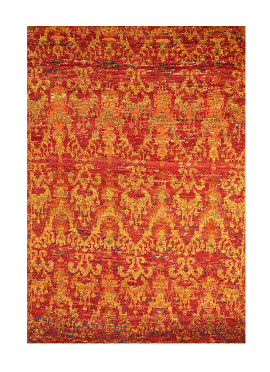 Hand-Knotted Shaggy Rug – Vibrant Damask Pattern in Red, Orange & Gold Tones
