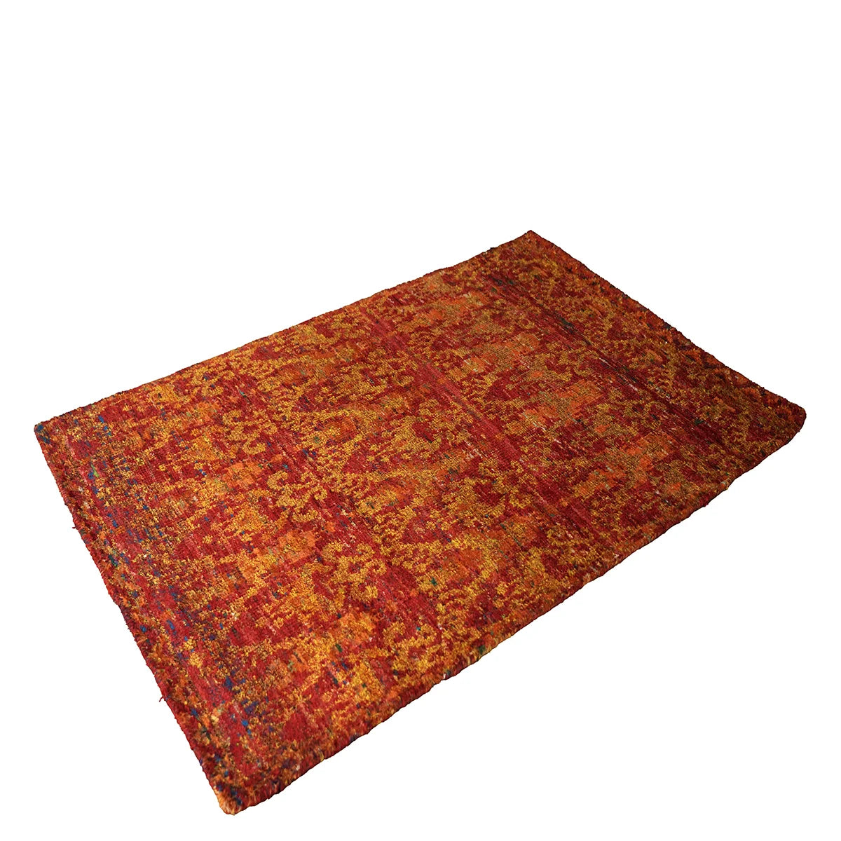 Hand-Knotted Shaggy Rug – Vibrant Damask Pattern in Red, Orange & Gold Tones