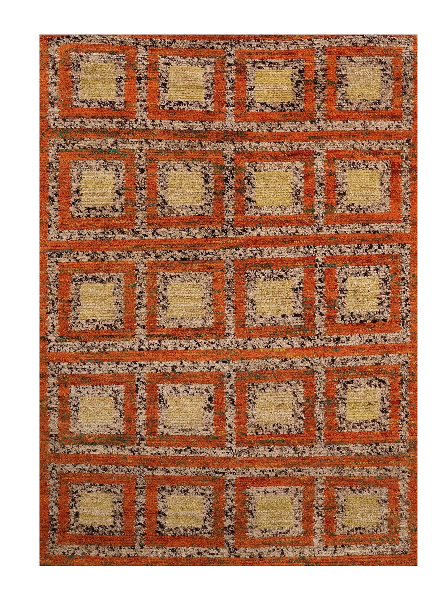 Hand-Knotted Shaggy Rug – Geometric Retro Pattern in Earth Tones