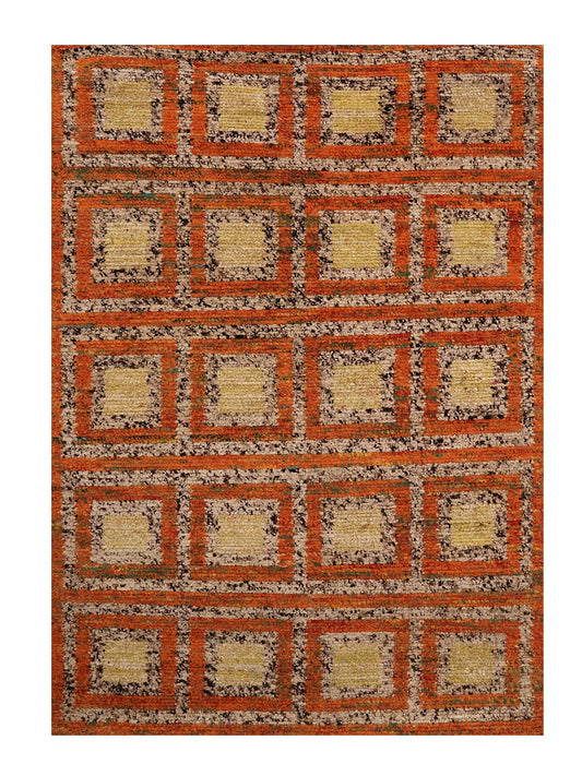 Hand-Knotted Shaggy Rug – Geometric Retro Pattern in Earth Tones