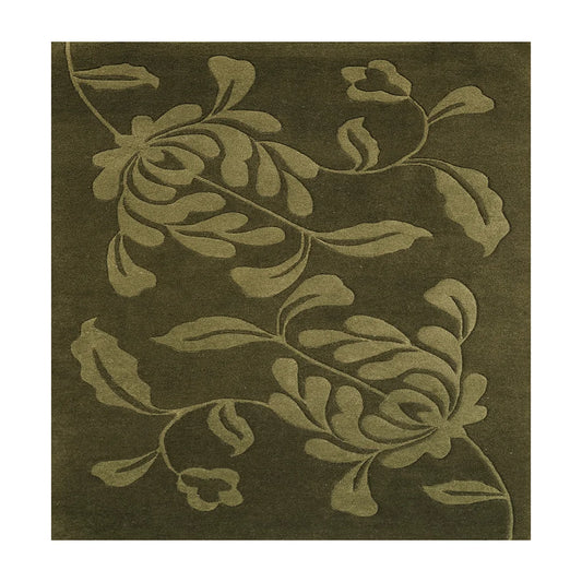 Hand-Tufted Wool Rug with Botanical Leaf Design – Olive Green