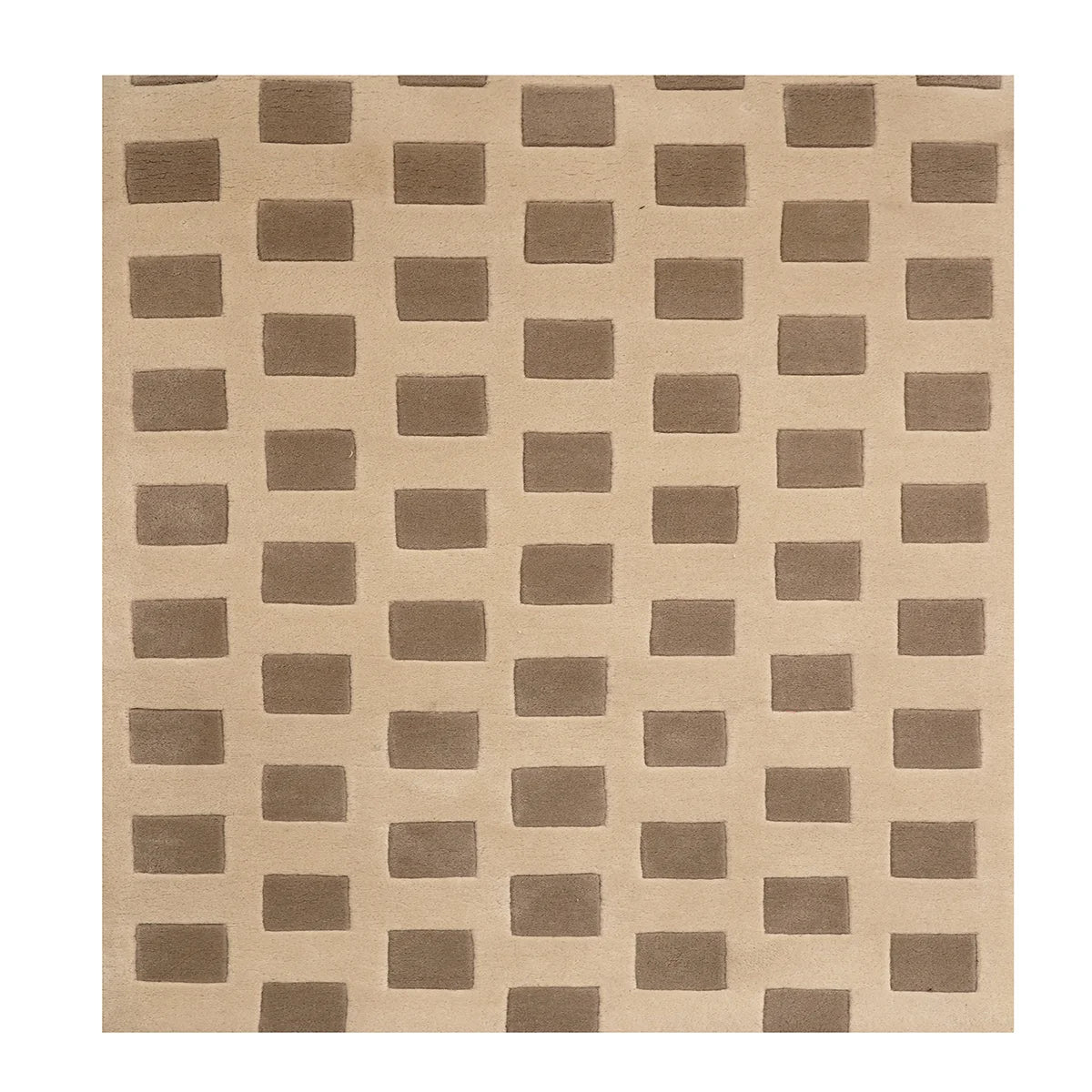 Hand-Tufted Wool Rug with Geometric Square Pattern – Modern Beige & Taupe Area Carpet