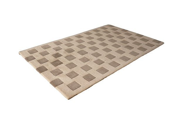 Hand-Tufted Wool Rug with Geometric Square Pattern – Modern Beige & Taupe Area Carpet