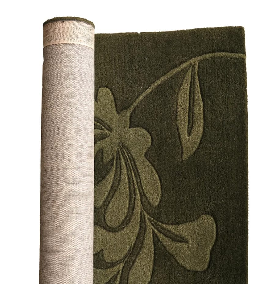 Hand-Tufted Wool Rug with Botanical Leaf Design – Olive Green
