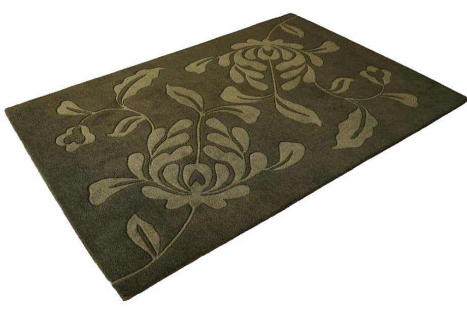 Hand-Tufted Wool Rug with Botanical Leaf Design – Olive Green