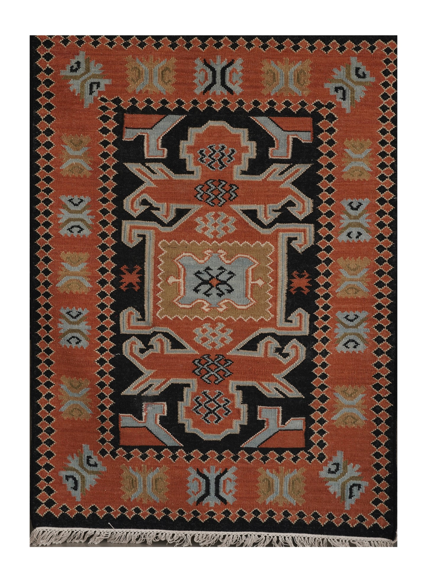 Handwoven Woollen Dhurrie – Traditional Geometric Design in Rust & Black