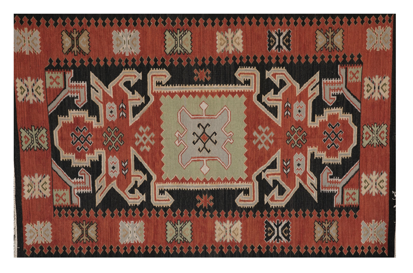Handwoven Woollen Dhurrie – Traditional Geometric Design in Rust & Black