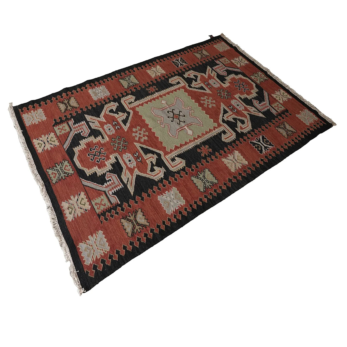 Handwoven Woollen Dhurrie – Traditional Geometric Design in Rust & Black