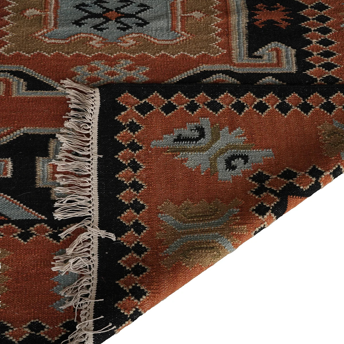 Handwoven Woollen Dhurrie – Traditional Geometric Design in Rust & Black