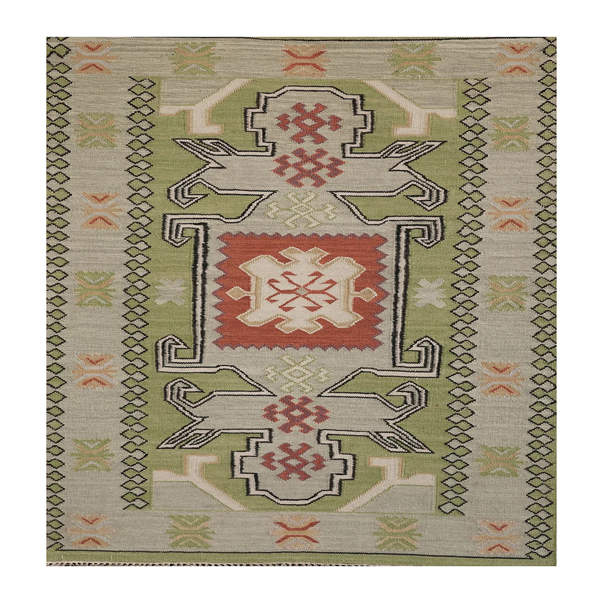 Handwoven Woollen Dhurrie with Geometric Tribal Pattern – Green & Terracotta