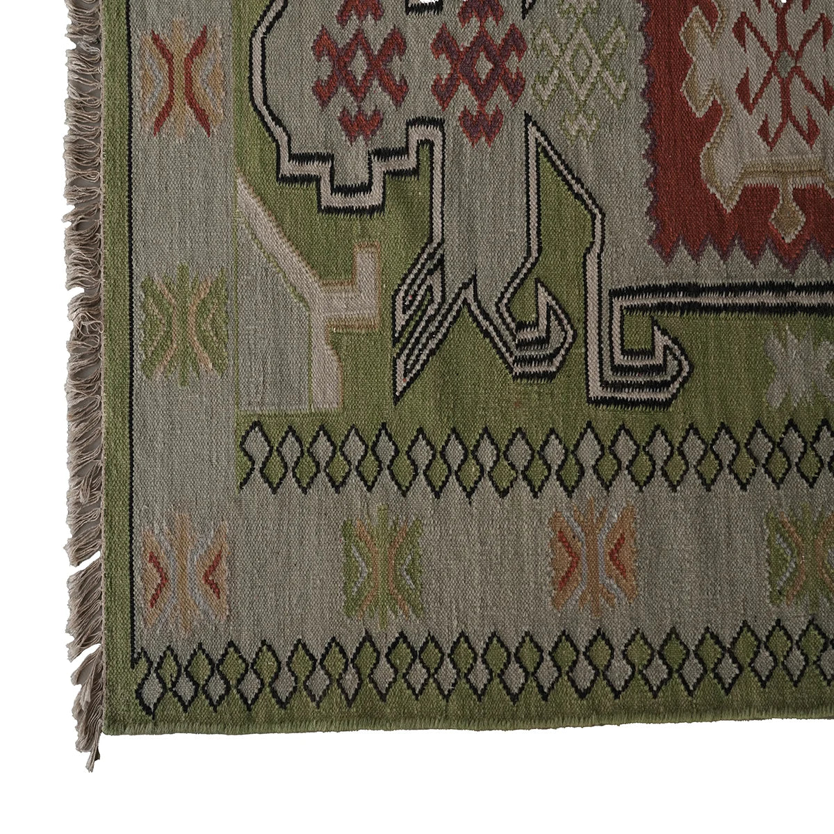 Handwoven Woollen Dhurrie with Geometric Tribal Pattern – Green & Terracotta