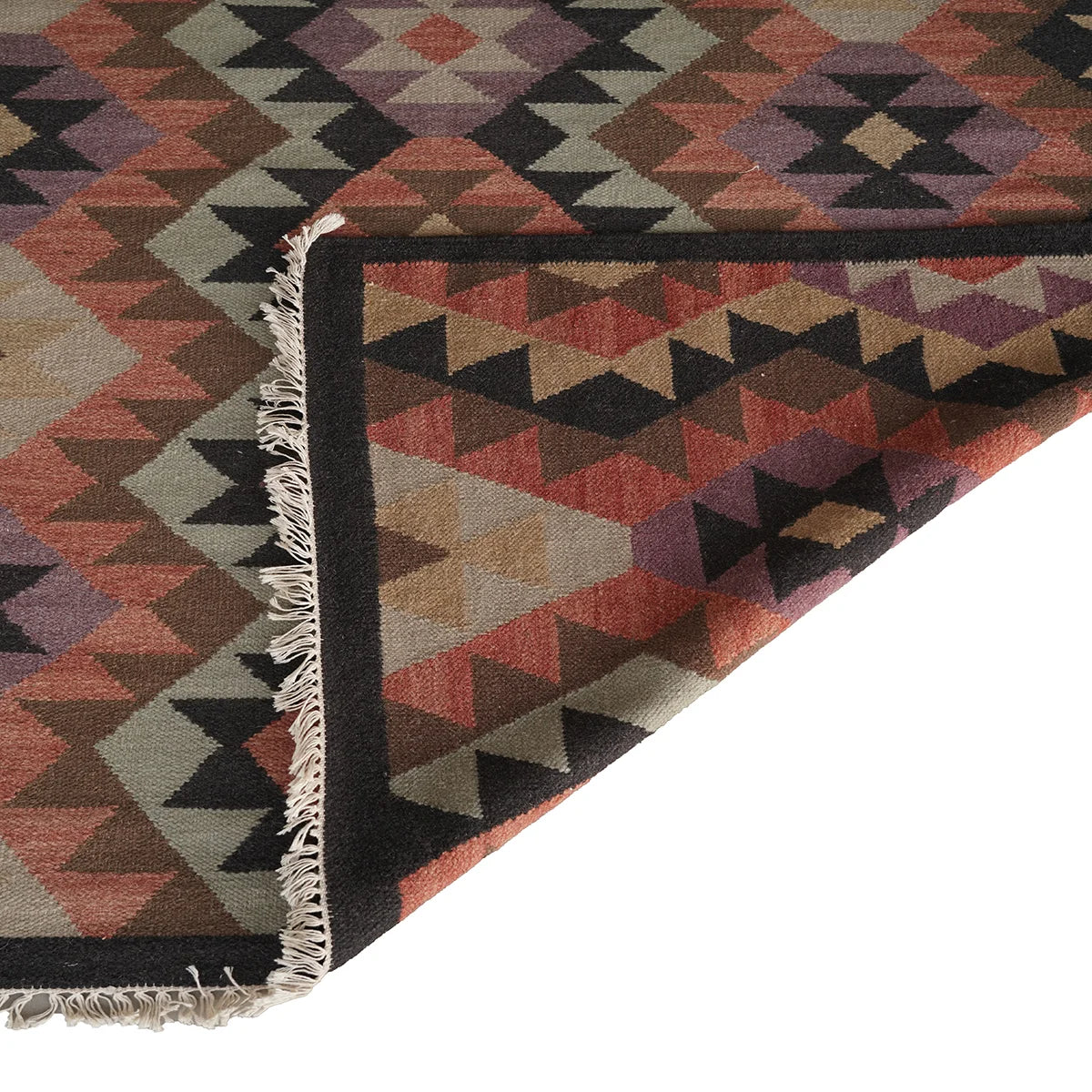 Geometric Handwoven Woollen Dhurrie – Multicolor Tribal Pattern