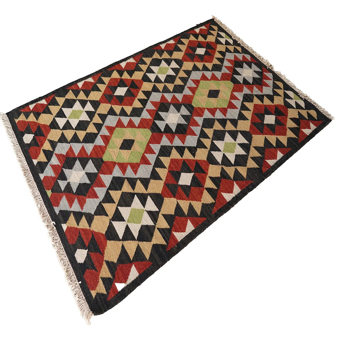 Handwoven Woollen Dhurrie with Geometric Tribal Pattern