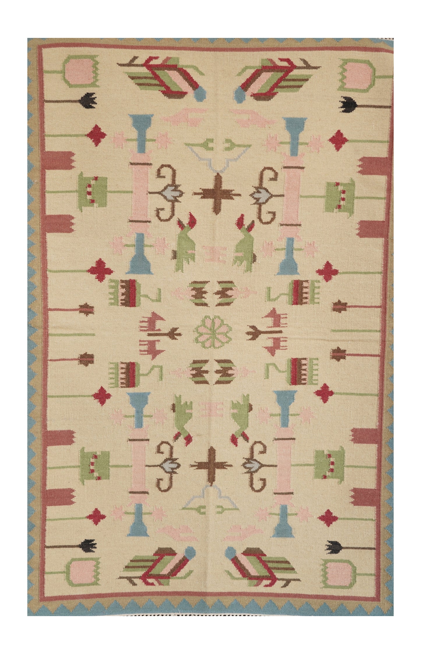 Handwoven Woollen Dhurrie with Geometric & Floral Motifs