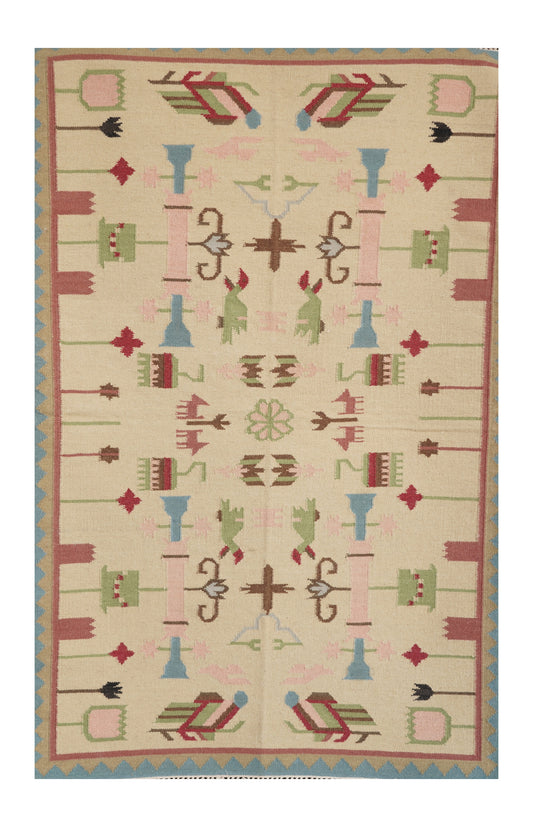 Handwoven Woollen Dhurrie with Geometric & Floral Motifs