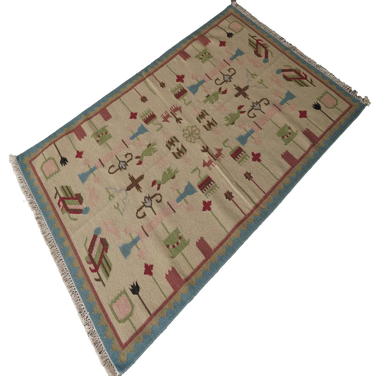 Handwoven Woollen Dhurrie with Geometric & Floral Motifs