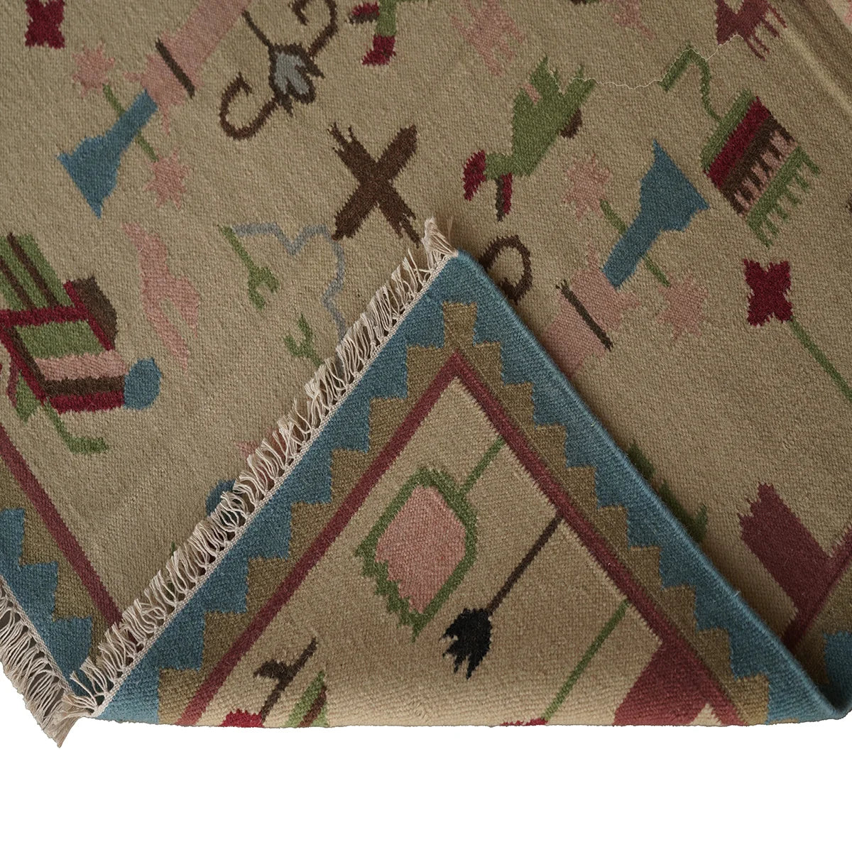 Handwoven Woollen Dhurrie with Geometric & Floral Motifs