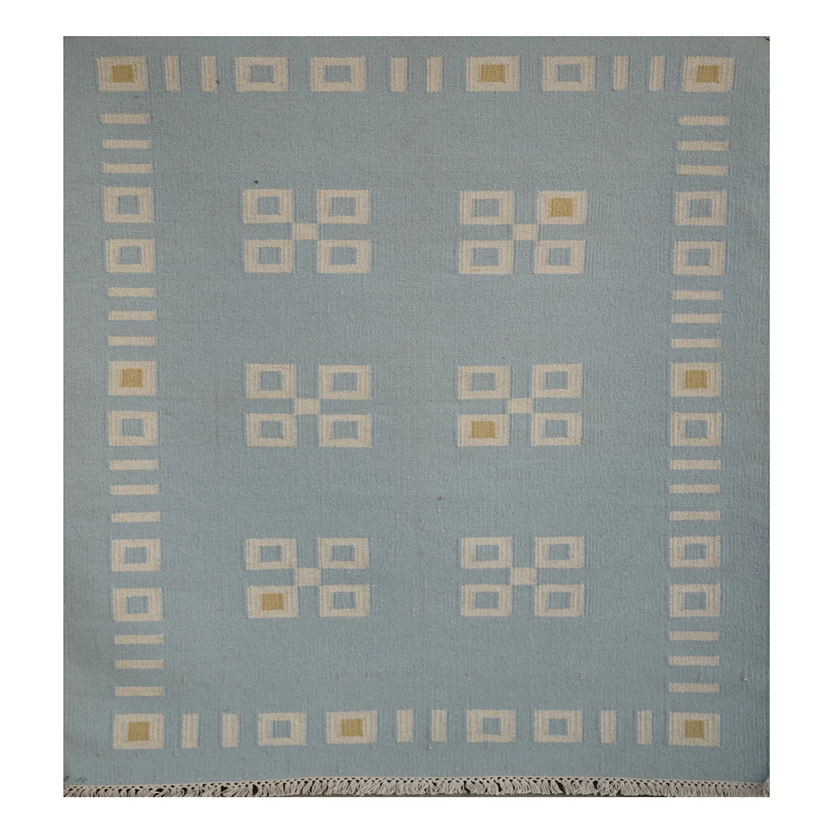 Handwoven Woollen Dhurrie in Soft Blue with Geometric Pattern