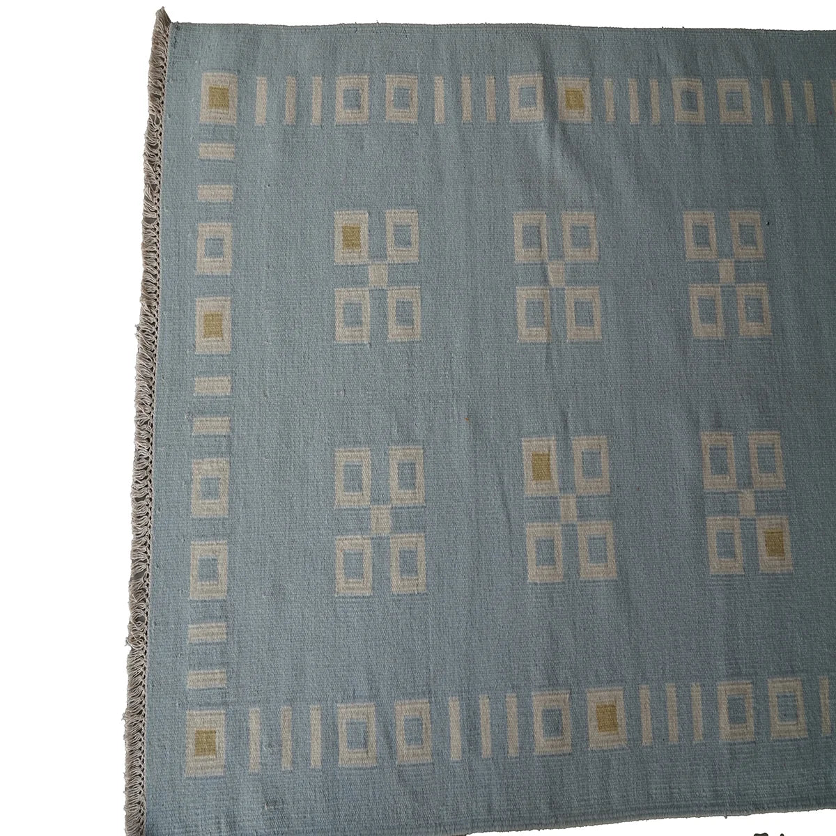 Handwoven Woollen Dhurrie in Soft Blue with Geometric Pattern