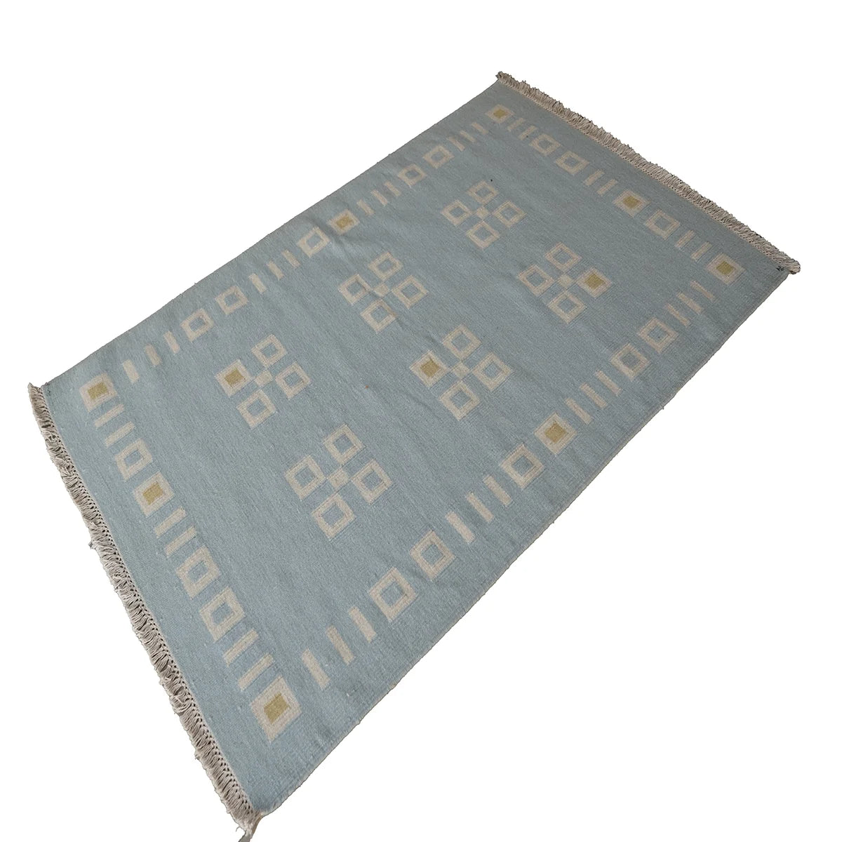 Handwoven Woollen Dhurrie in Soft Blue with Geometric Pattern