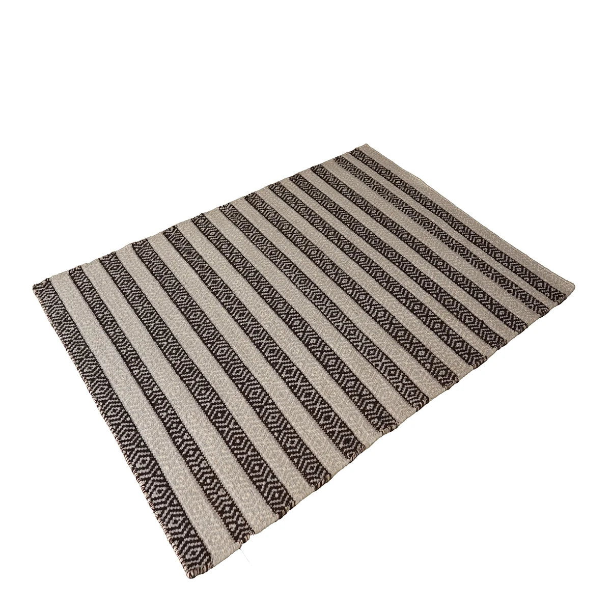 Hand Woven Woollen Dhurrie with Geometric Stripes – Black & White