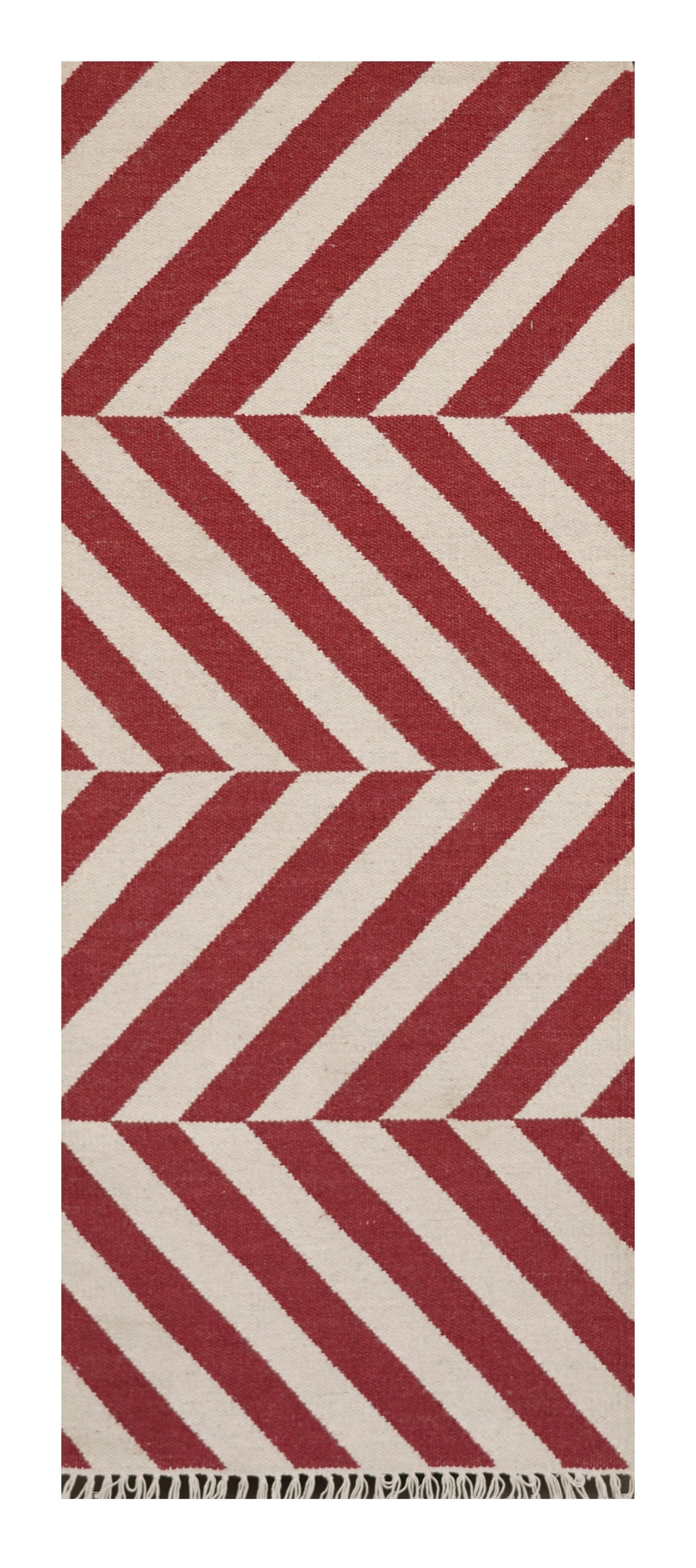 Hand Woven Woollen Dhurrie with Geometric Stripes – Red & Natural