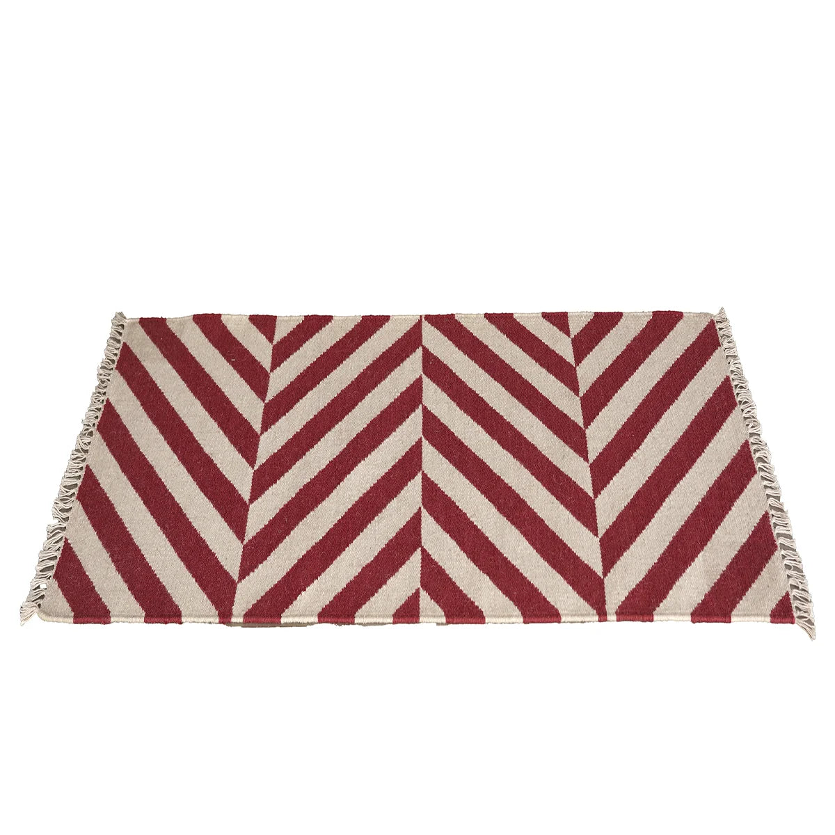 Hand Woven Woollen Dhurrie with Geometric Stripes – Red & Natural