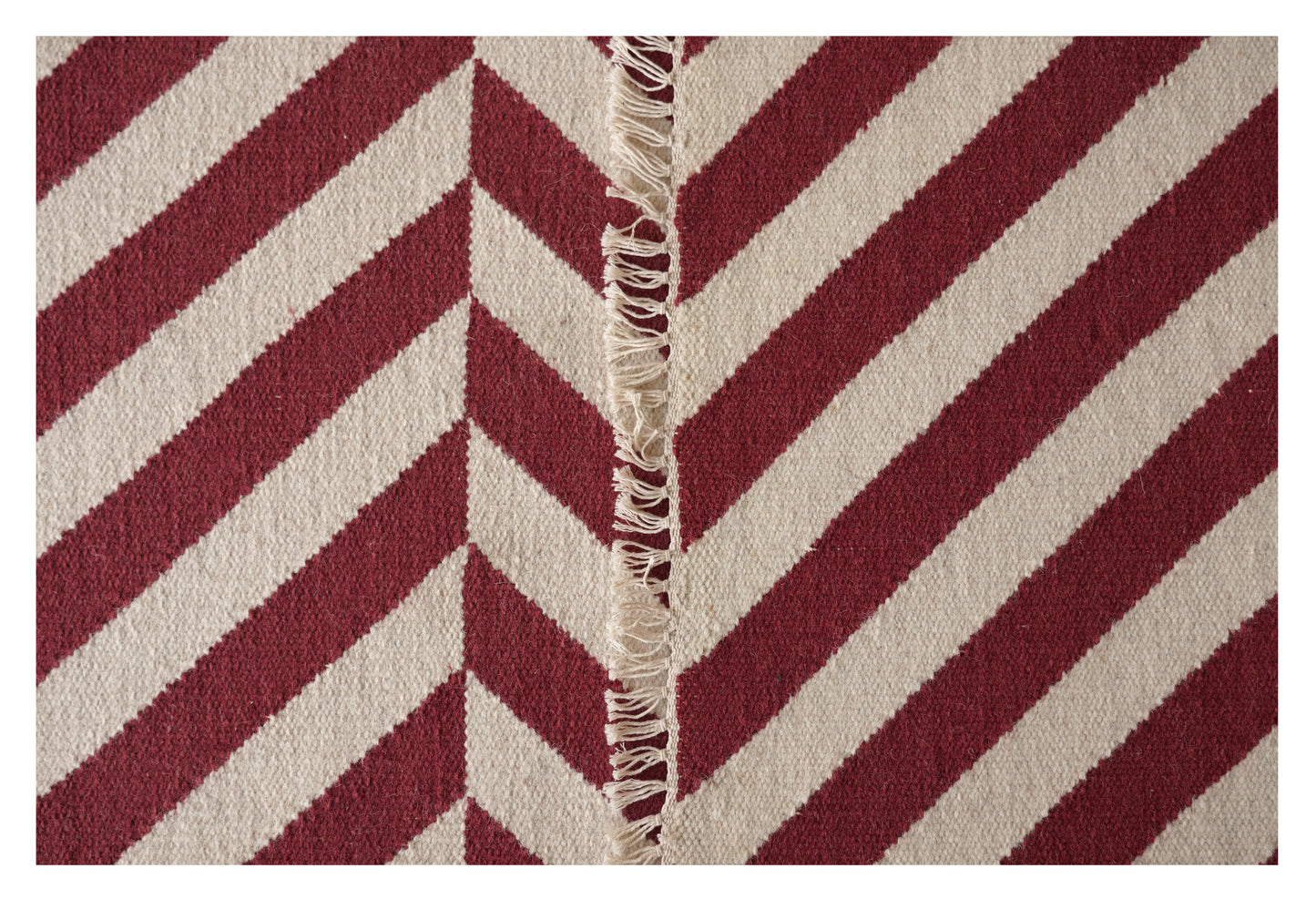 Hand Woven Woollen Dhurrie with Geometric Stripes – Red & Natural