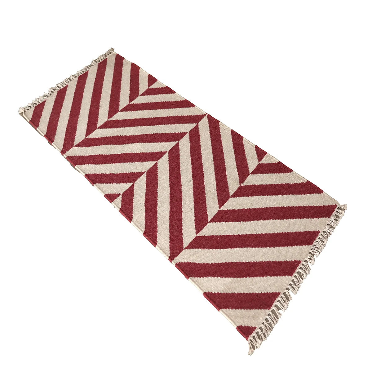 Hand Woven Woollen Dhurrie with Geometric Stripes – Red & Natural