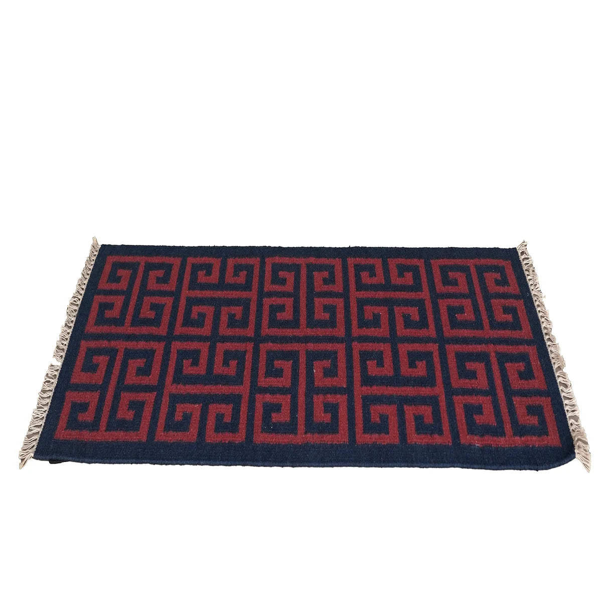 Hand Woven Woollen Dhurrie with Geometric Pattern – Red & Blue