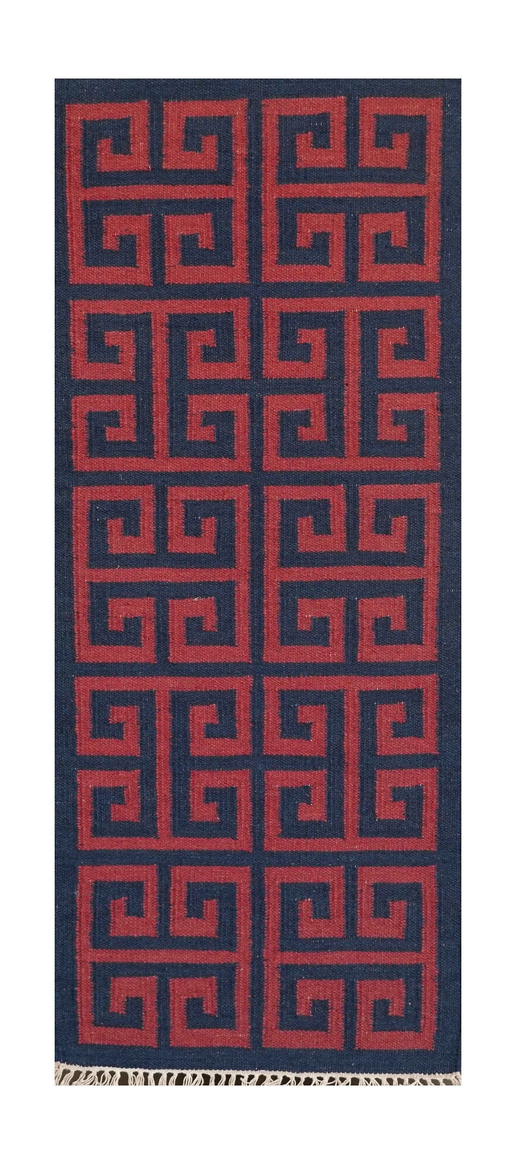 Hand Woven Woollen Dhurrie with Geometric Pattern – Red & Blue