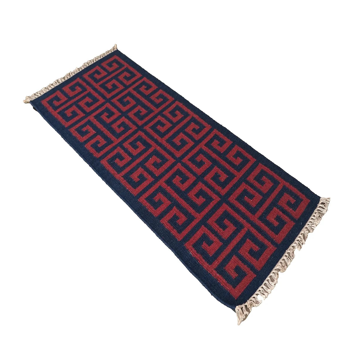 Hand Woven Woollen Dhurrie with Geometric Pattern – Red & Blue