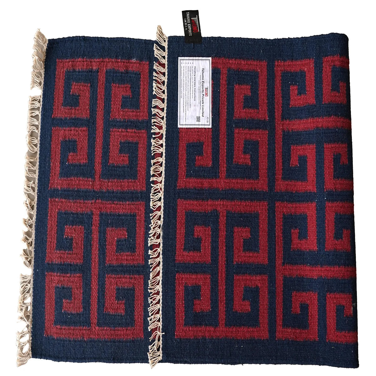 Hand Woven Woollen Dhurrie with Geometric Pattern – Red & Blue