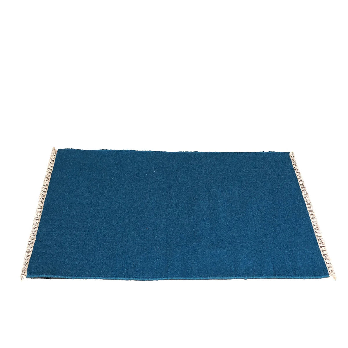 Hand Woven Woollen Dhurrie – Solid Blue with Fringe Edges