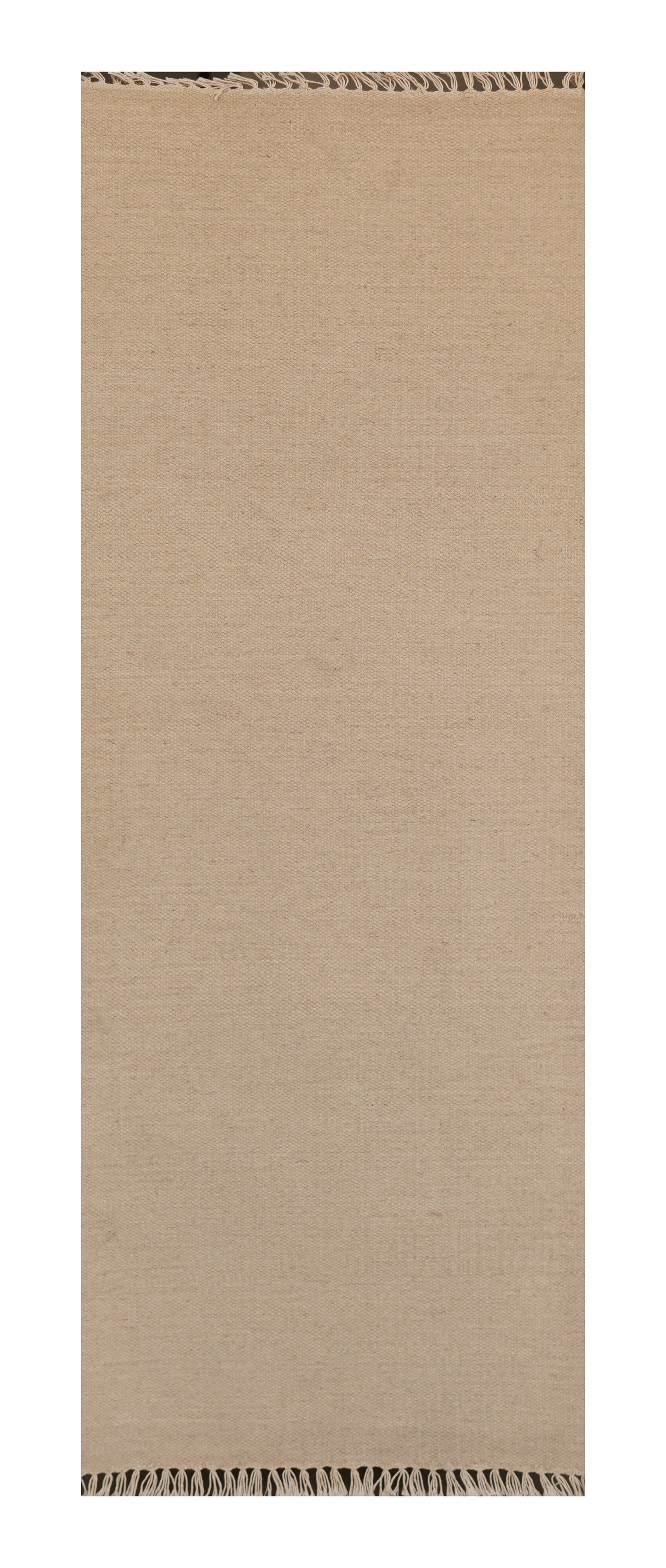 Hand Woven Woollen Dhurrie – Minimalist Natural Beige Floor Rug with Fringe Edges