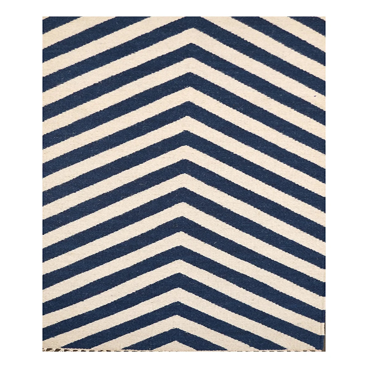 Hand Woven Woolen Dhurrie with Chevron Stripes – Modern Flatweave Rug in Navy & Cream