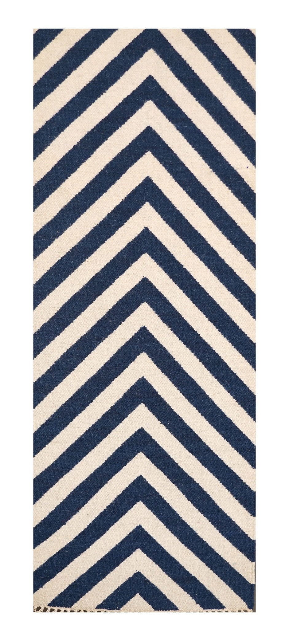 Hand Woven Woolen Dhurrie with Chevron Stripes – Modern Flatweave Rug in Navy & Cream