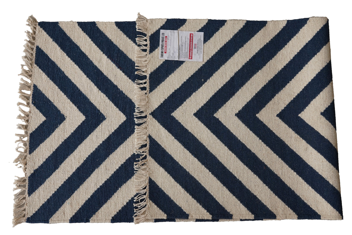 Hand Woven Woolen Dhurrie with Chevron Stripes – Modern Flatweave Rug in Navy & Cream