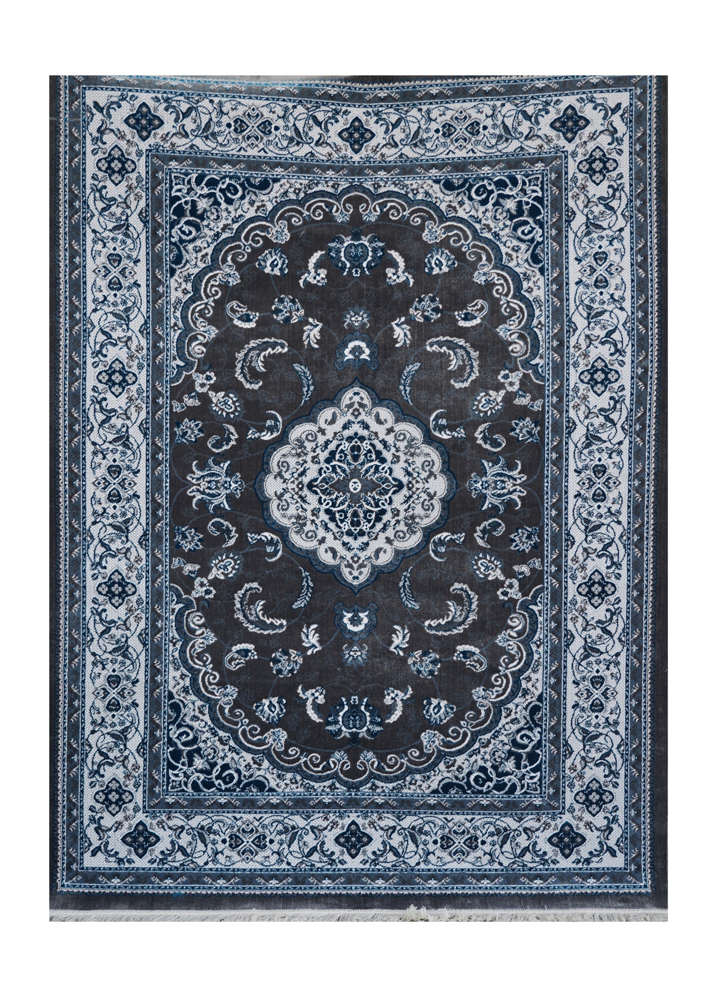 Elegant Machine-Made Persian Style Rug – Blue & Grey Medallion Design