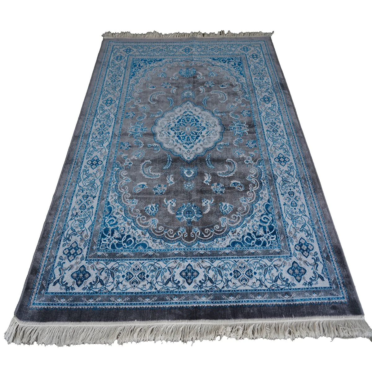 Elegant Machine-Made Persian Style Rug – Blue & Grey Medallion Design