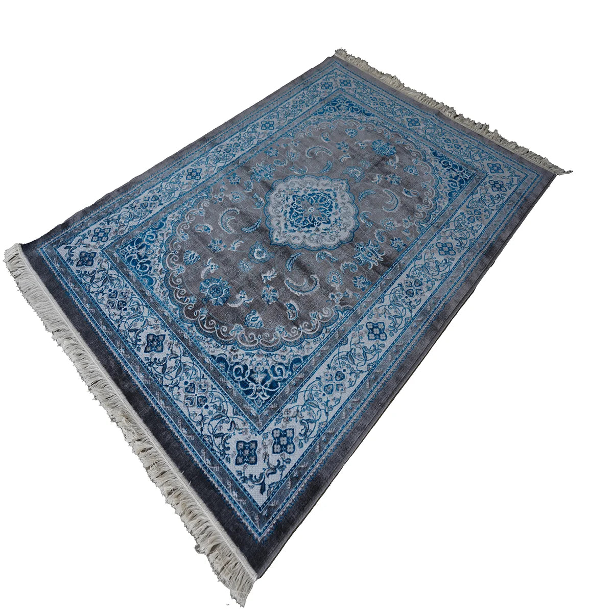 Elegant Machine-Made Persian Style Rug – Blue & Grey Medallion Design