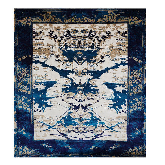 Elegant Abstract Blue & Beige Machine-Made Rug