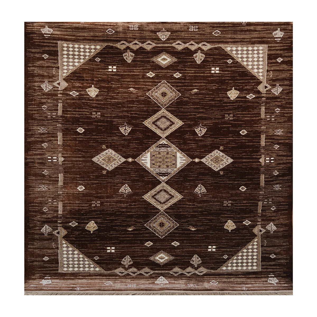 Elegant Geometric Pattern Machine-Made Rug in Rich Brown Tones