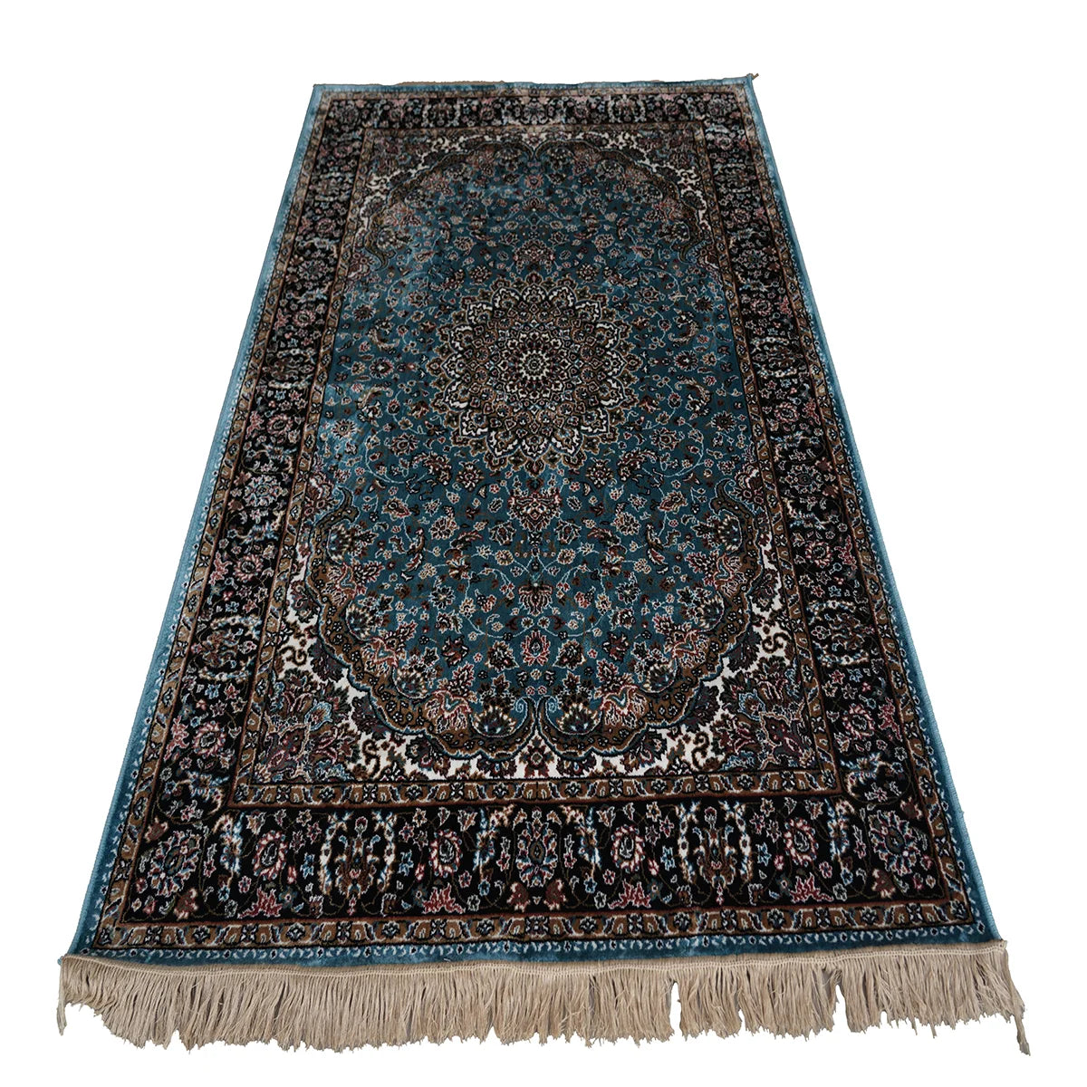 Elegant Persian Style Machine-Made Rug – Blue & Black Floral Medallion Design