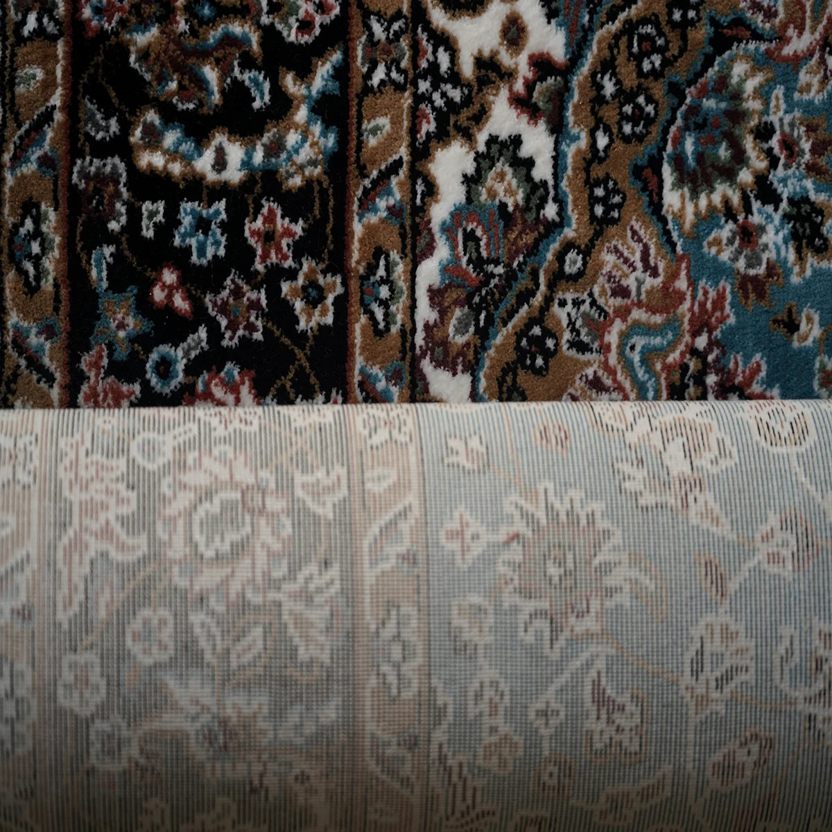 Elegant Persian Style Machine-Made Rug – Blue & Black Floral Medallion Design